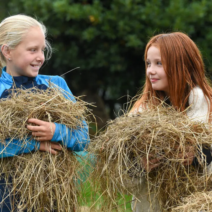 Two young girls holding armfuls of hay outdoors with green foliage behind them.