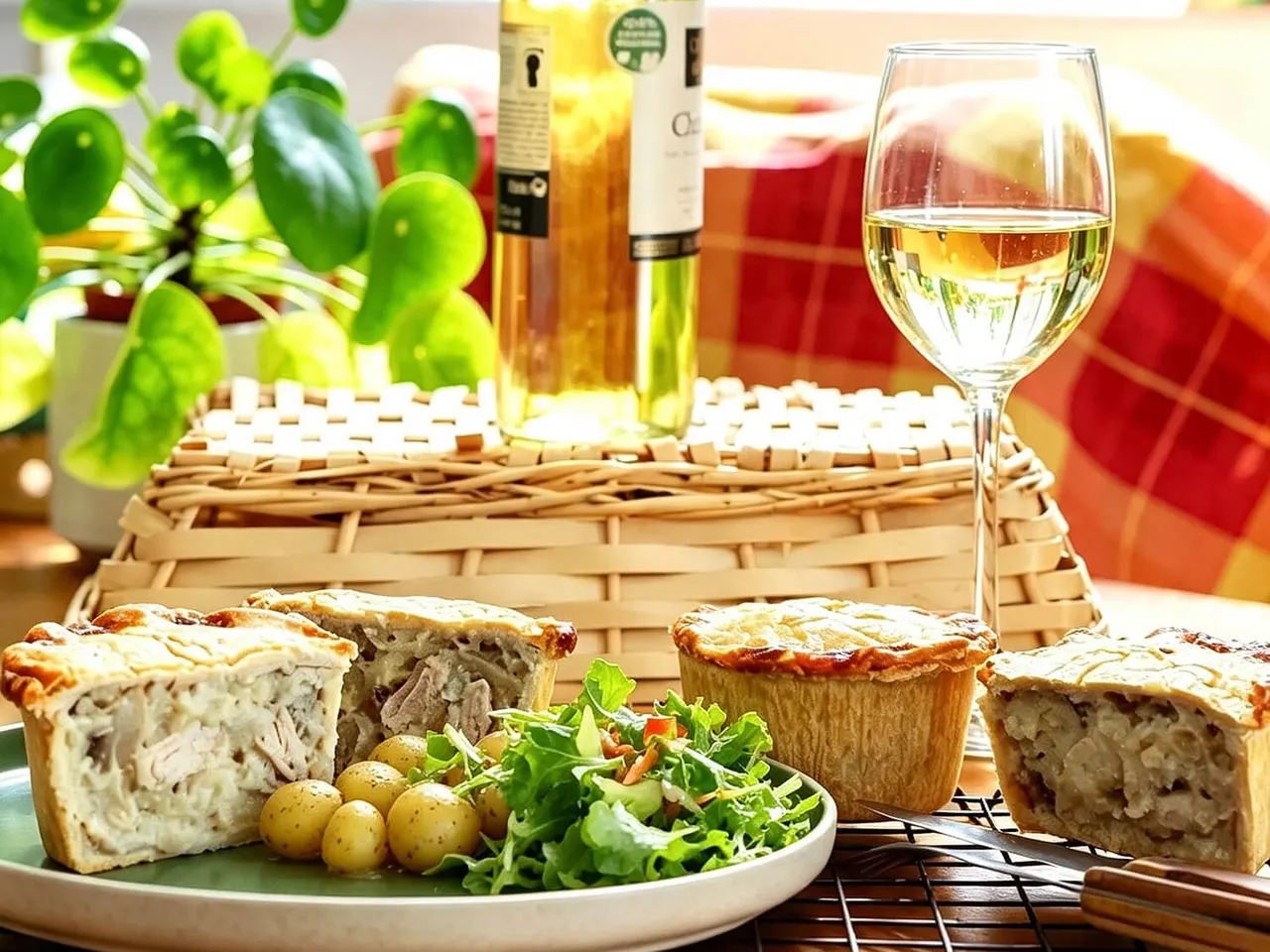 Sliced pâté with salad and potatoes beside a glass of white wine on a wicker table with wine bottles and potted plant.