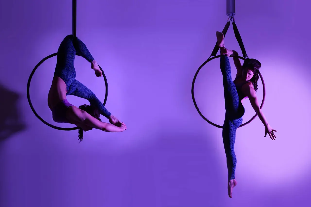Two aerialists performing acrobatic poses suspended in aerial rings against a purple-lit background.