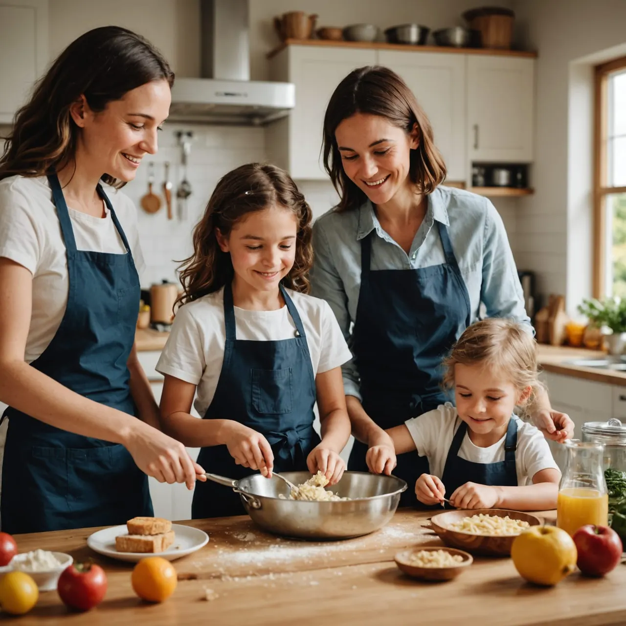 Two women and two young children cooking together in a bright kitchen, mixing ingredients in a bowl.