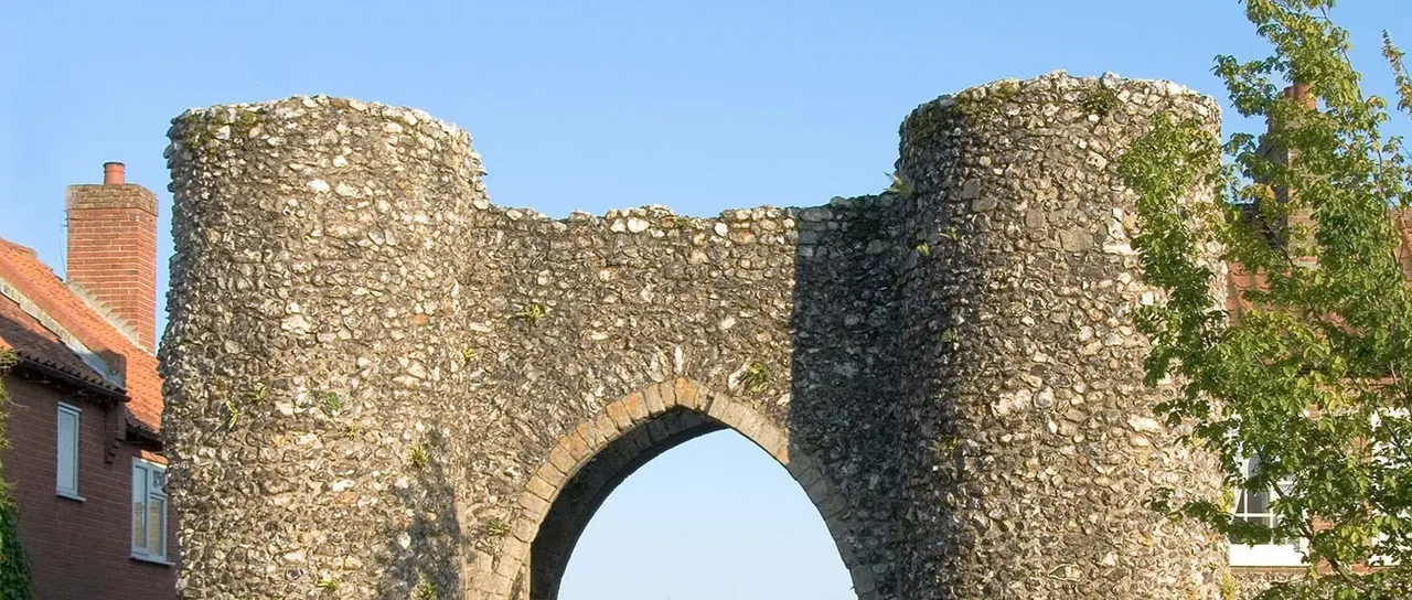 Ancient stone archway ruins with ivy growth, flanked by brick buildings under clear sky.