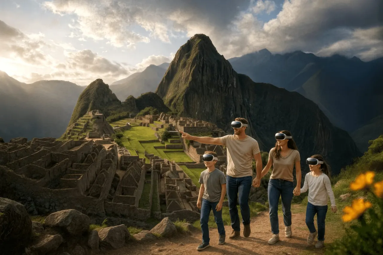 Family wearing VR headsets exploring ancient Incan ruins with dramatic mountain peaks in a scenic valley.