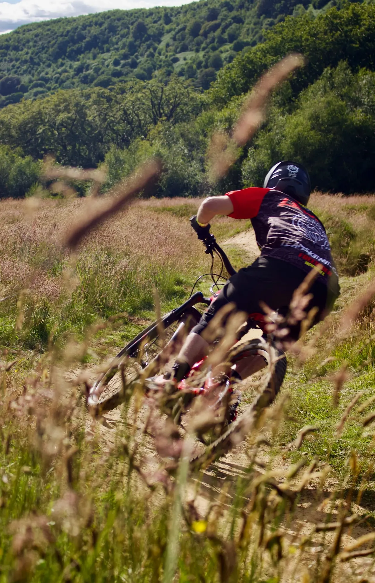 Mountain biker riding a dirt trail through grassy woodland with forested hills in the background.