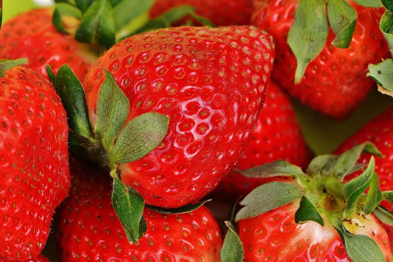 Close-up of fresh red strawberries with green leafy tops clustered together.
