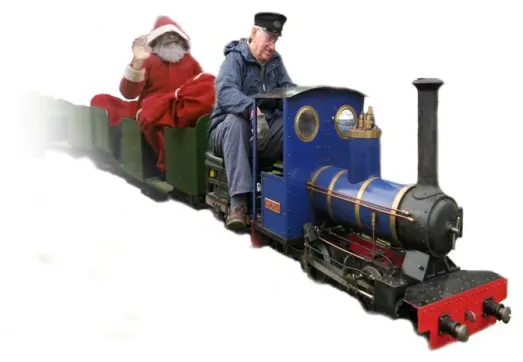 Two people riding in a miniature steam locomotive and carriage against a white background.