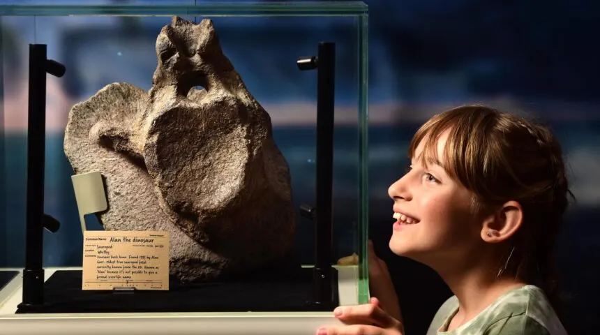 Child smiling while viewing a fossil skull display in a museum case.