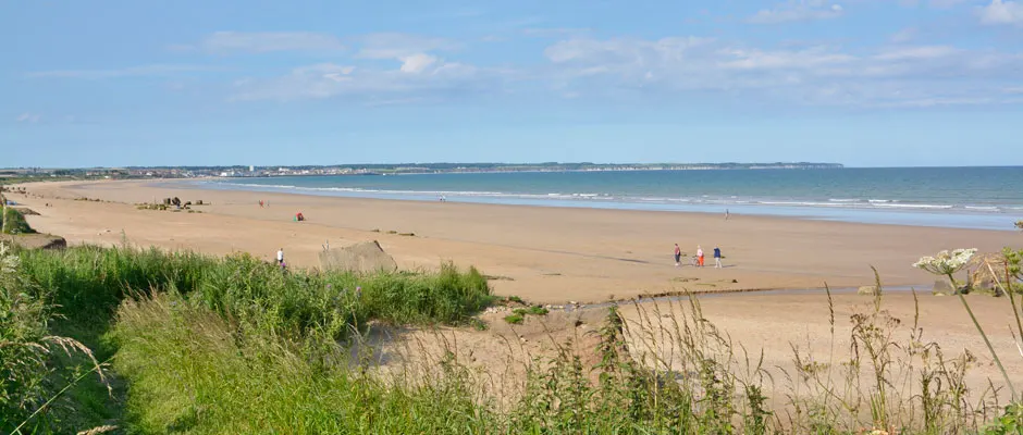 Wide sandy beach with scattered visitors and coastal town visible along the horizon beneath blue sky.