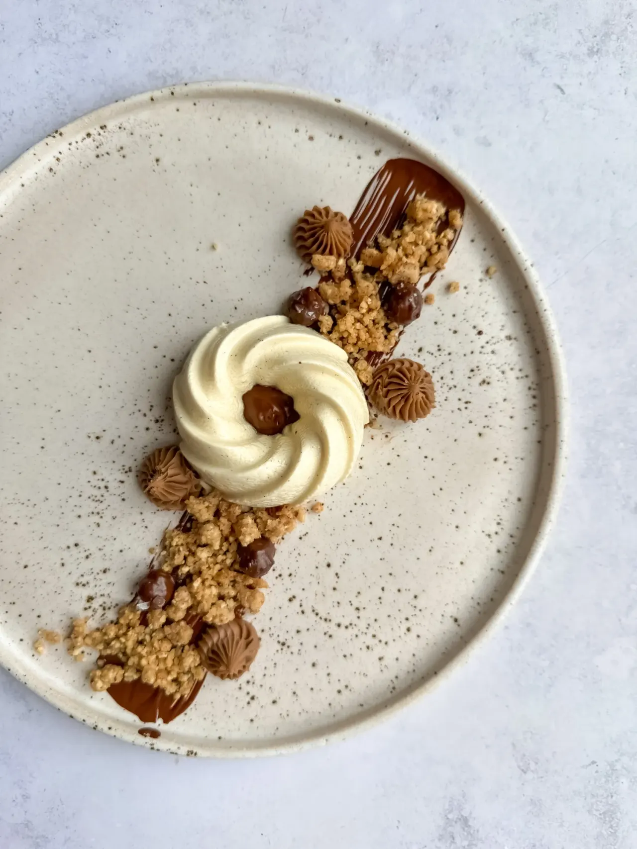 Plated dessert with cream swirl, chocolate pieces, crumble, and decorative chocolate shells on speckled plate.