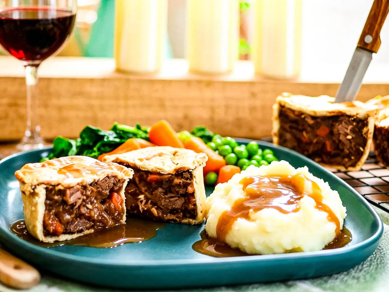 Meat pie with mashed potatoes and gravy, served with peas and carrots, alongside red wine.