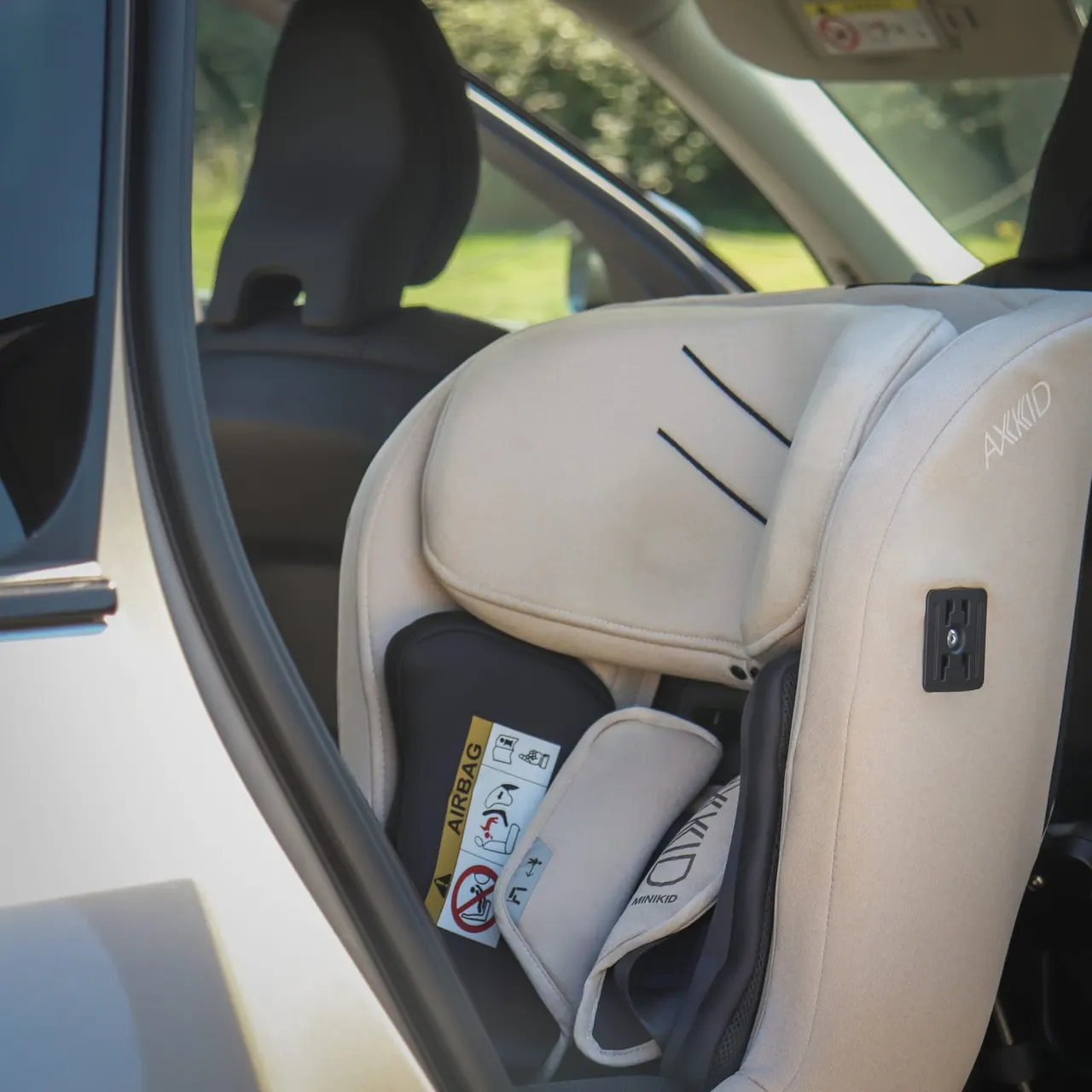 Child car seat installed in rear seat of vehicle with green field visible through windows.