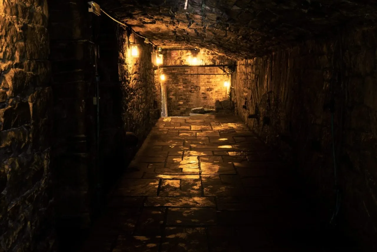 Narrow stone passageway lit by warm lights, with wet flagstone floor and historic brick walls on either side.
