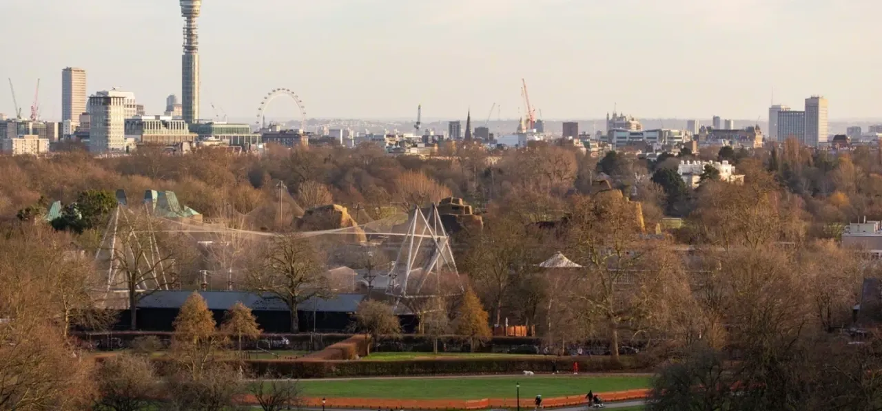 London skyline with city landmarks visible beyond bare winter trees and a leisure venue with structures in foreground.