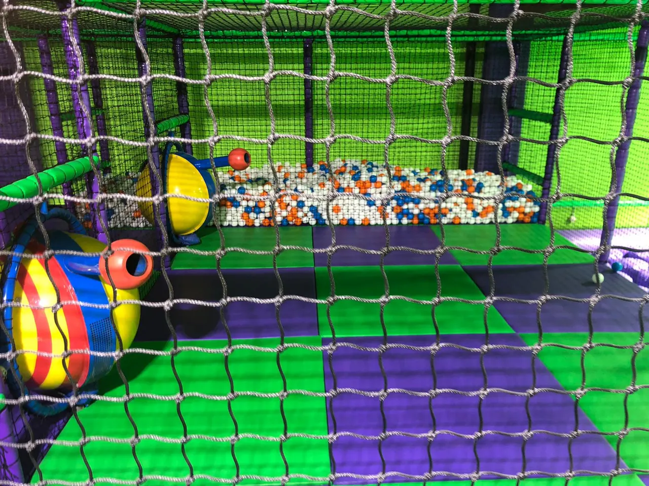 Colourful foam balls and toys inside a netted soft play structure with green and purple padding.