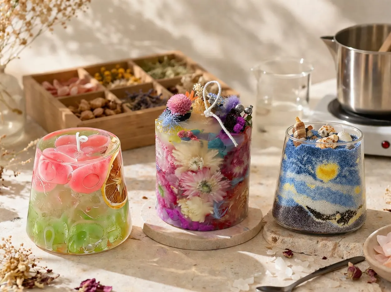 Three decorative candles with embedded flowers and botanical designs displayed on a table with dried flowers, a wooden compartment box of ingredients, and a metal pitcher.
