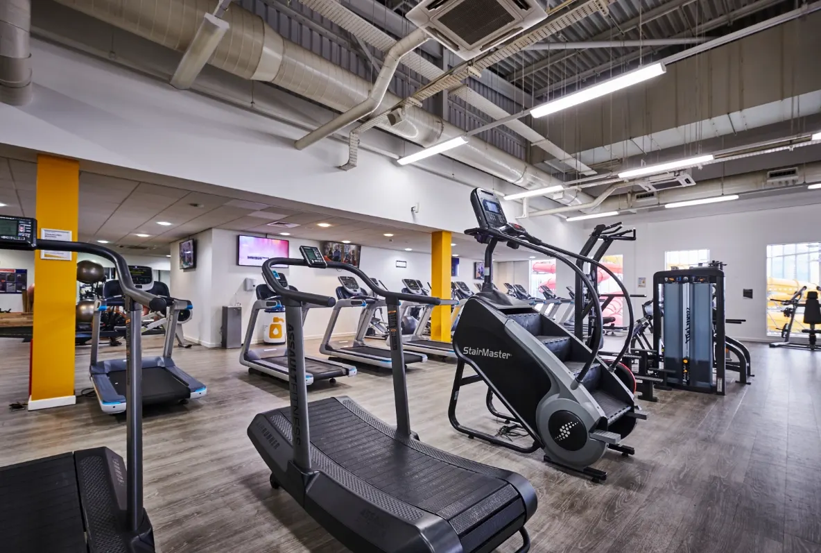 Spacious modern gym interior with rows of treadmills, exercise bikes and stair machines under bright ceiling lights.