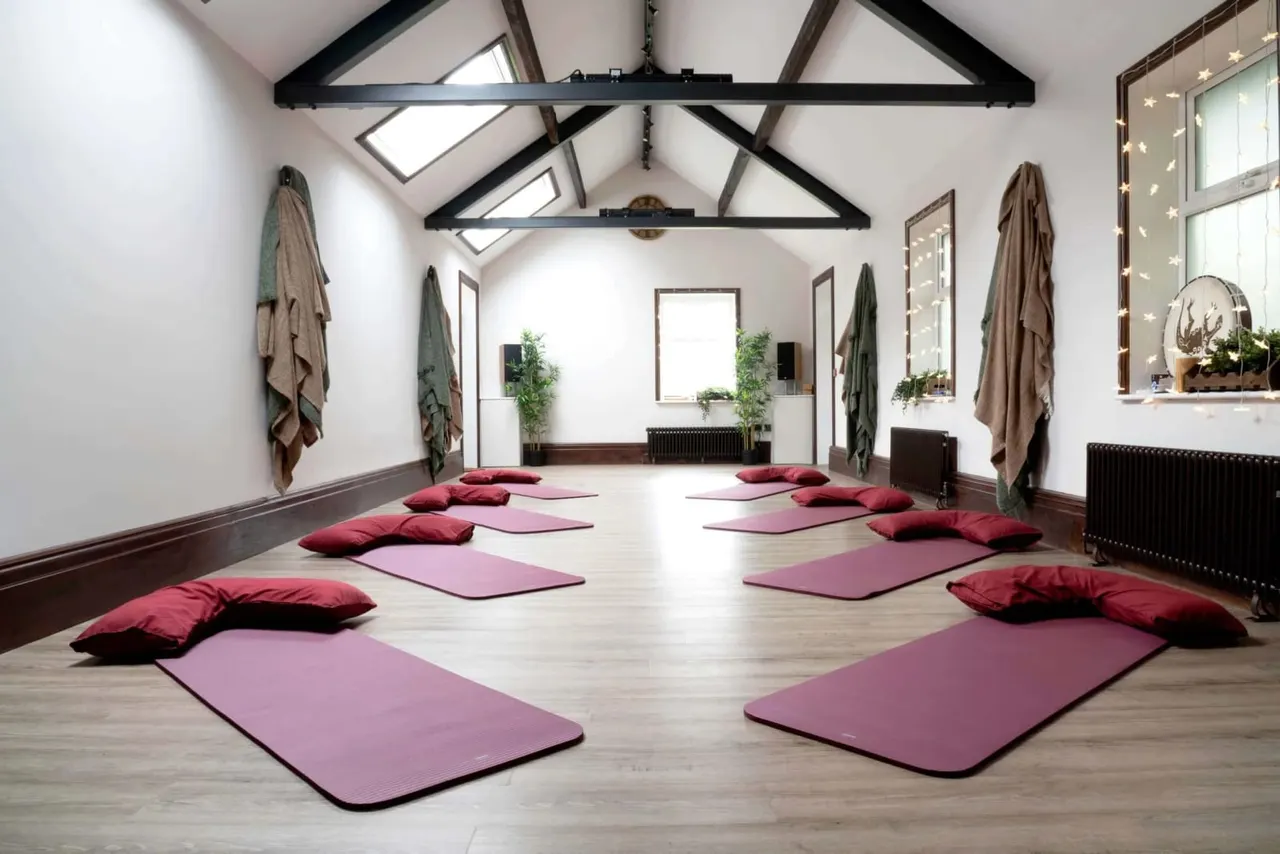 A spacious yoga studio with exposed wooden beams, skylights, pink exercise mats arranged in rows with burgundy cushions, and draped fabrics on the walls.