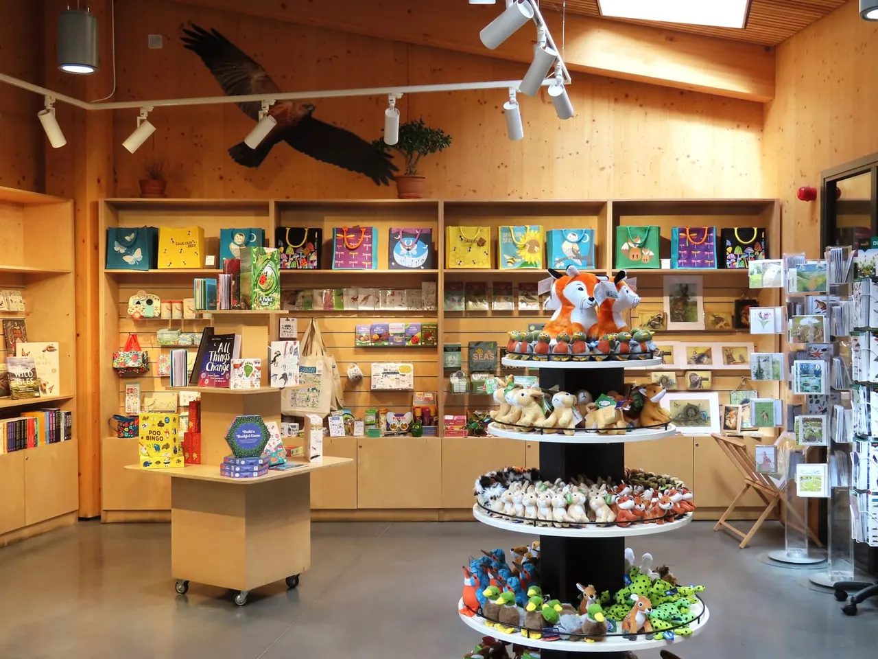 Interior of a gift shop with wooden shelving displaying books, artwork, and wildlife-themed merchandise, including plush toys and postcards.