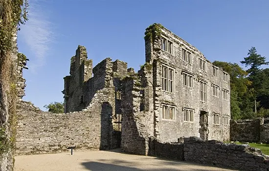 Ruined stone castle with multi-storey gatehouse and defensive walls under clear blue sky.