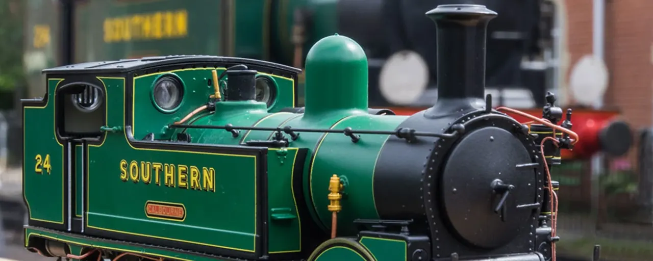 A green and black steam locomotive numbered 24 with "Southern" written on its side, displayed on narrow-gauge track.