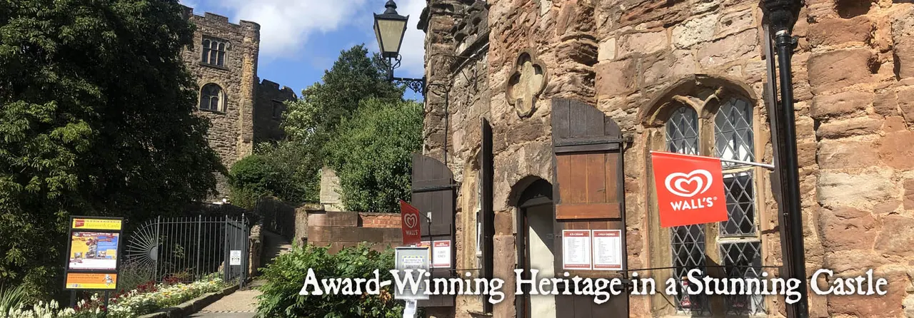 Stone medieval castle buildings with a tower, ivy-covered walls, an old street lamp and information boards on a sunny day.