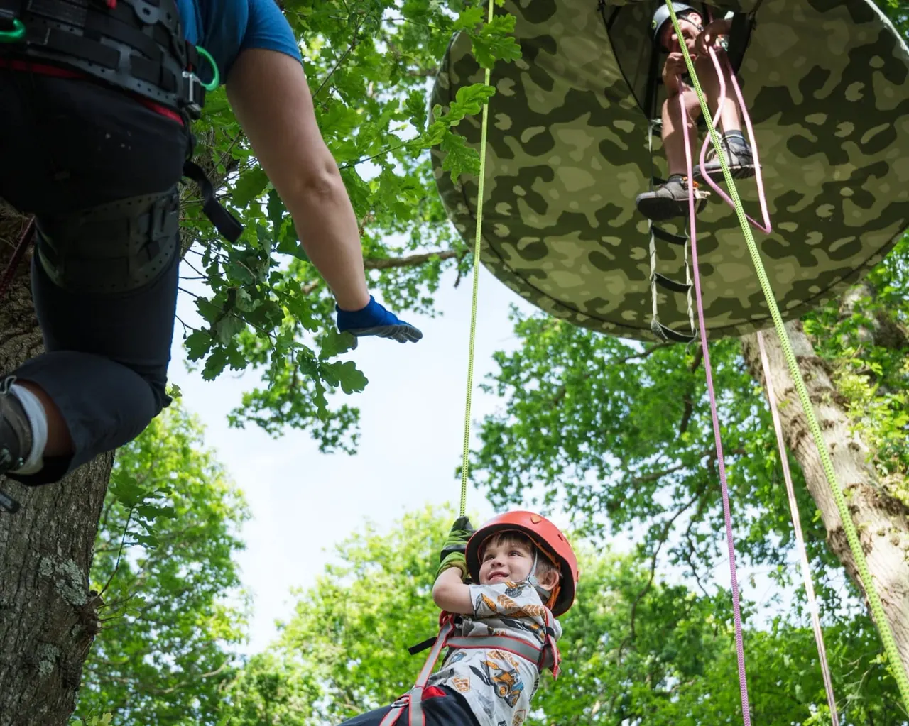 A young child in a red helmet ascends a tree on a rope whilst supervised by adults during an outdoor tree-climbing activity.