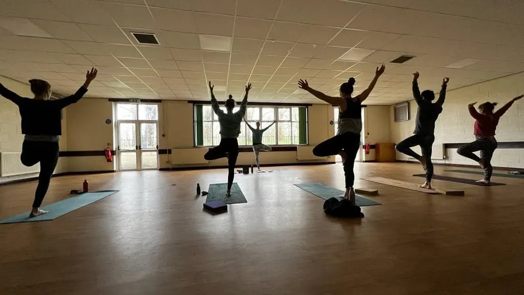 Group of people performing yoga poses on mats in a spacious studio with wooden floor and large windows.