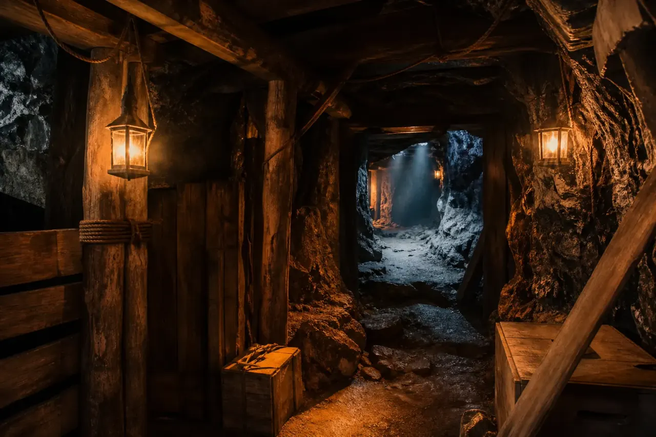 Dimly lit wooden-framed interior of a cave or mine with lanterns, leading towards a sunlit cave opening.