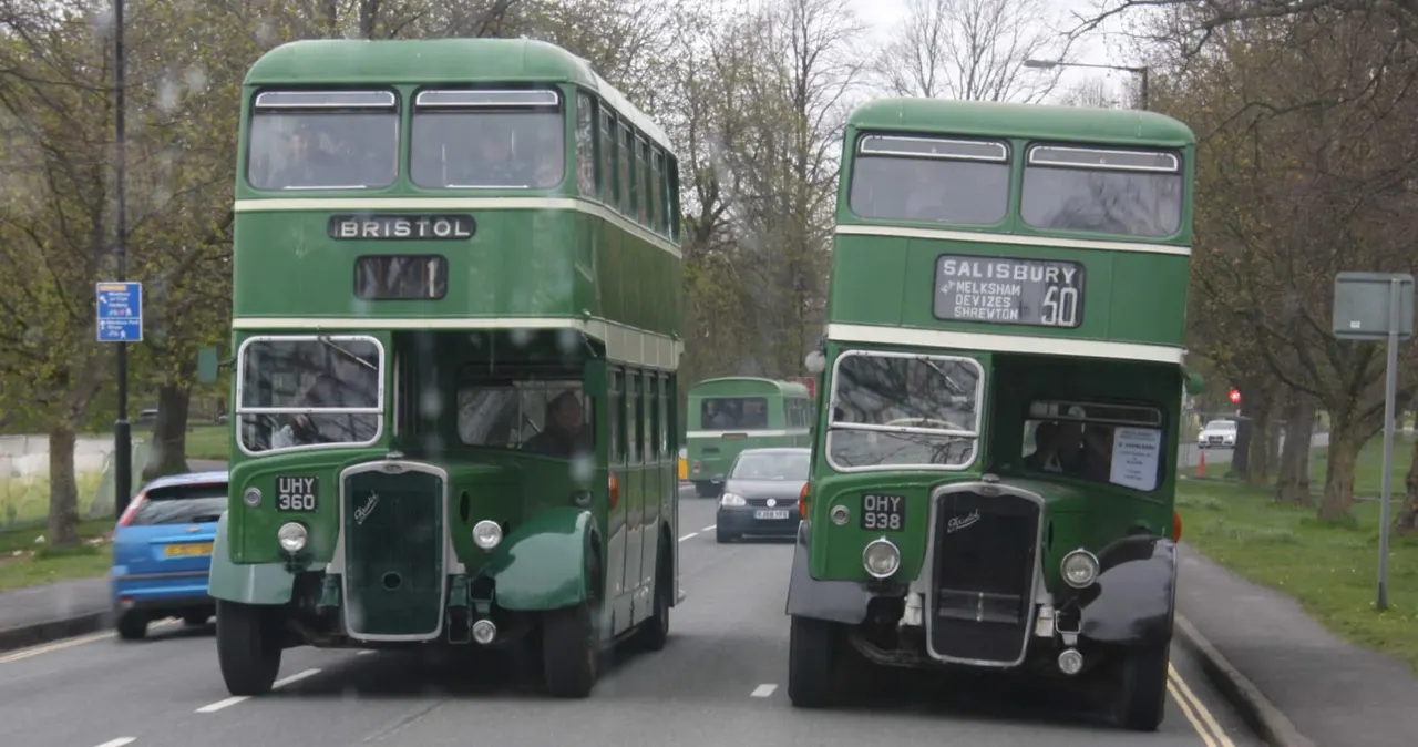 Two vintage green double-decker buses driving on a road lined with bare trees.