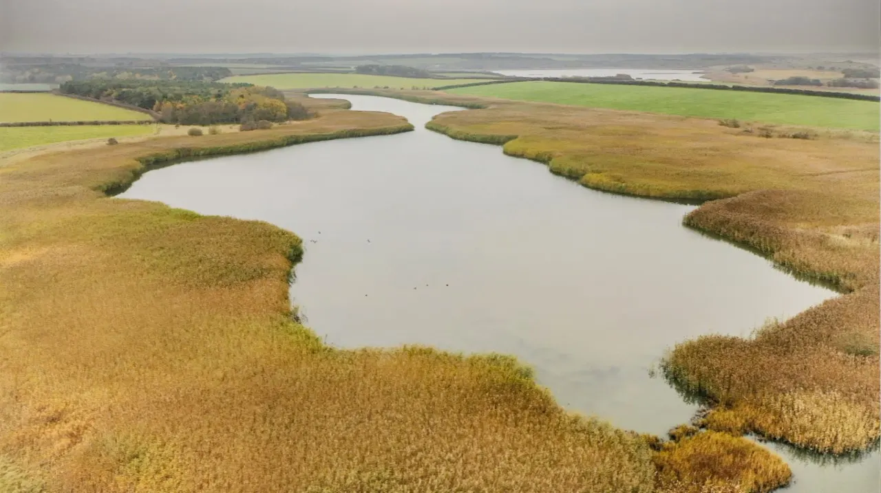 Aerial view of a meandering river through wetland marshes and agricultural fields.