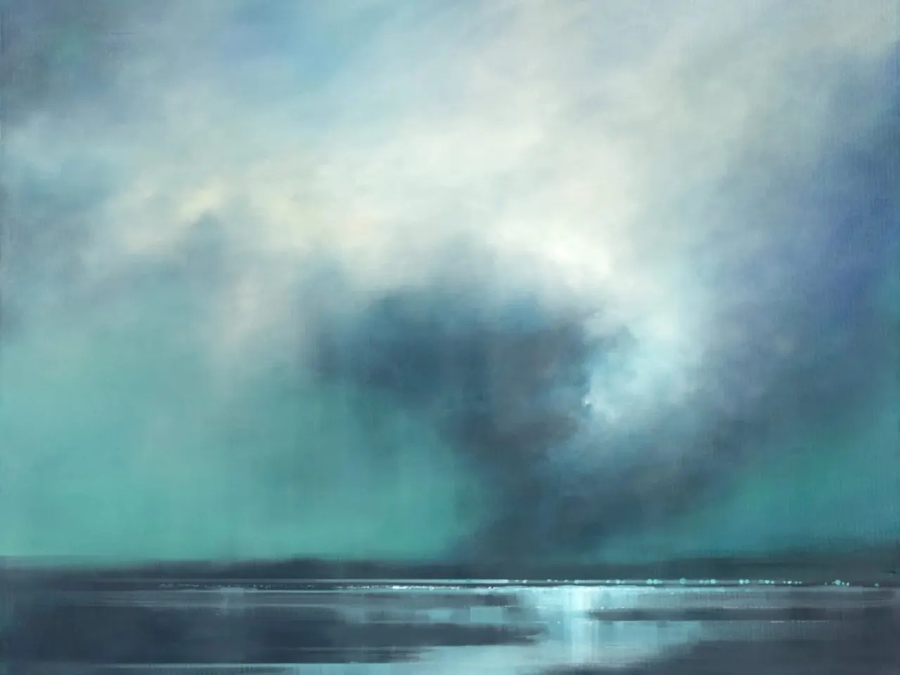 This is a GRAPHIC — it appears to be an artistic, painted or digitally created landscape rather than a photograph. It shows an impressionistic seascape with misty atmospheric effects and cloudy skies.