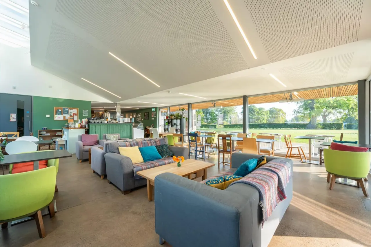 Modern café interior with comfortable seating, green walls, counter service area, and large windows overlooking open parkland with trees.