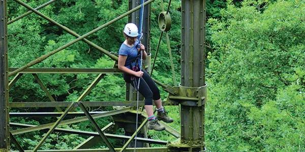 Person in safety helmet abseiling down wooden structure surrounded by dense green woodland.