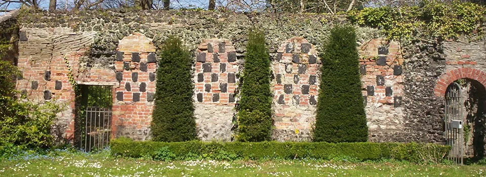 Historic brick wall with ivy-covered pillars and small flowers growing at its base.