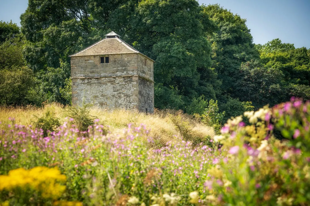 A stone dovecote with a pyramidal roof surrounded by wildflower meadow with pink and yellow flowers and mature trees.