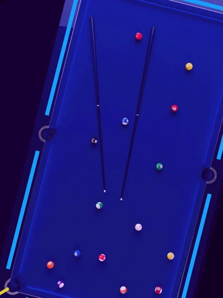 Overhead view of a neon-lit pool table with coloured balls scattered across the blue felt surface and two cues.
