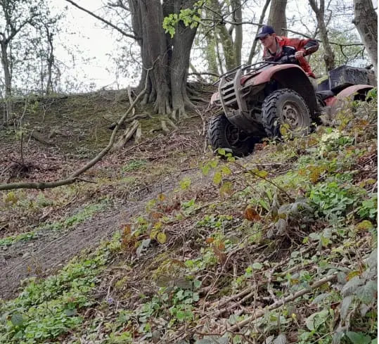 Person riding a quad bike down a steep, wooded forest trail with trees and undergrowth.