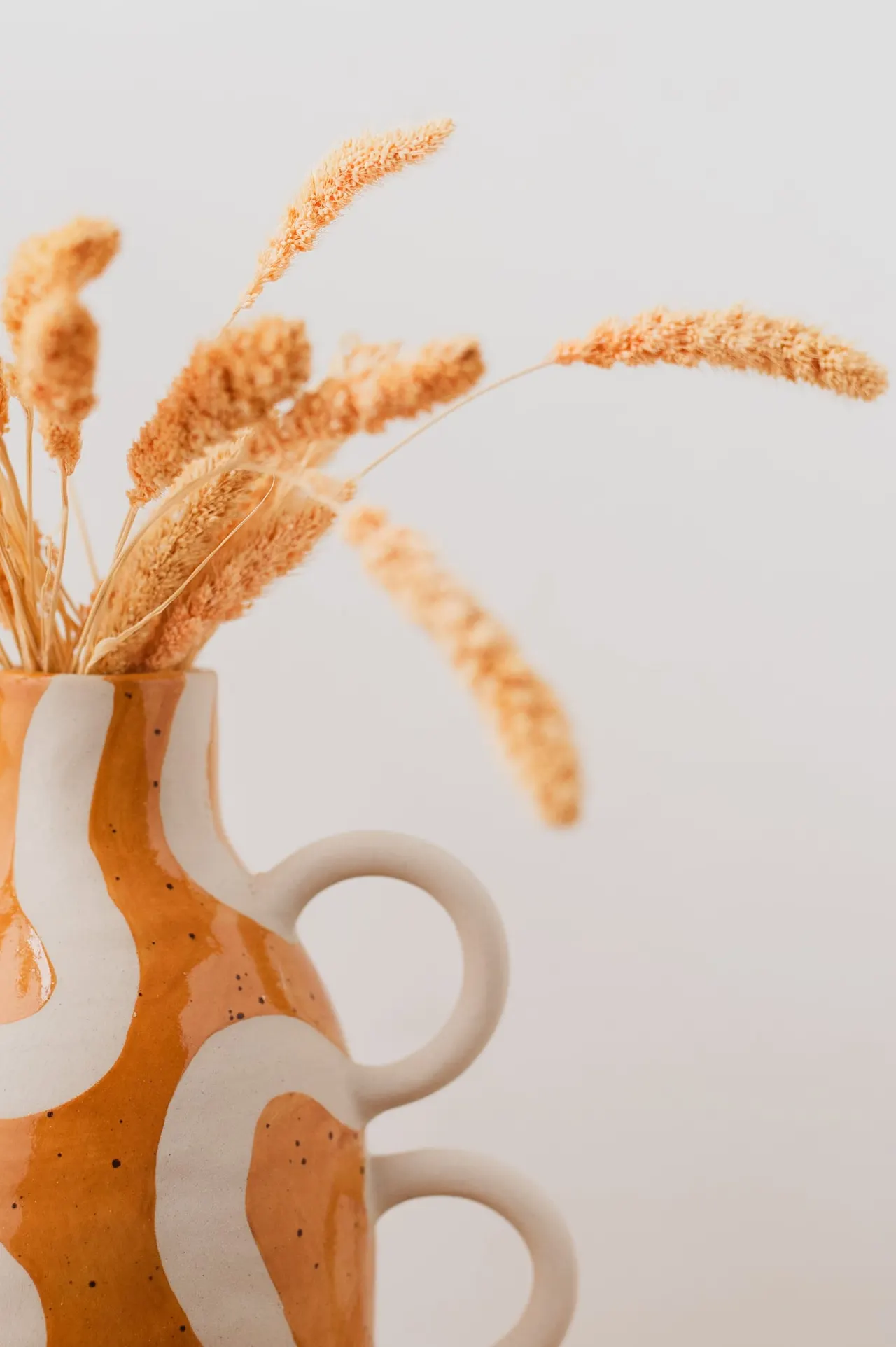 Dried grain stalks arranged in a terracotta and cream striped ceramic vase against a neutral background.