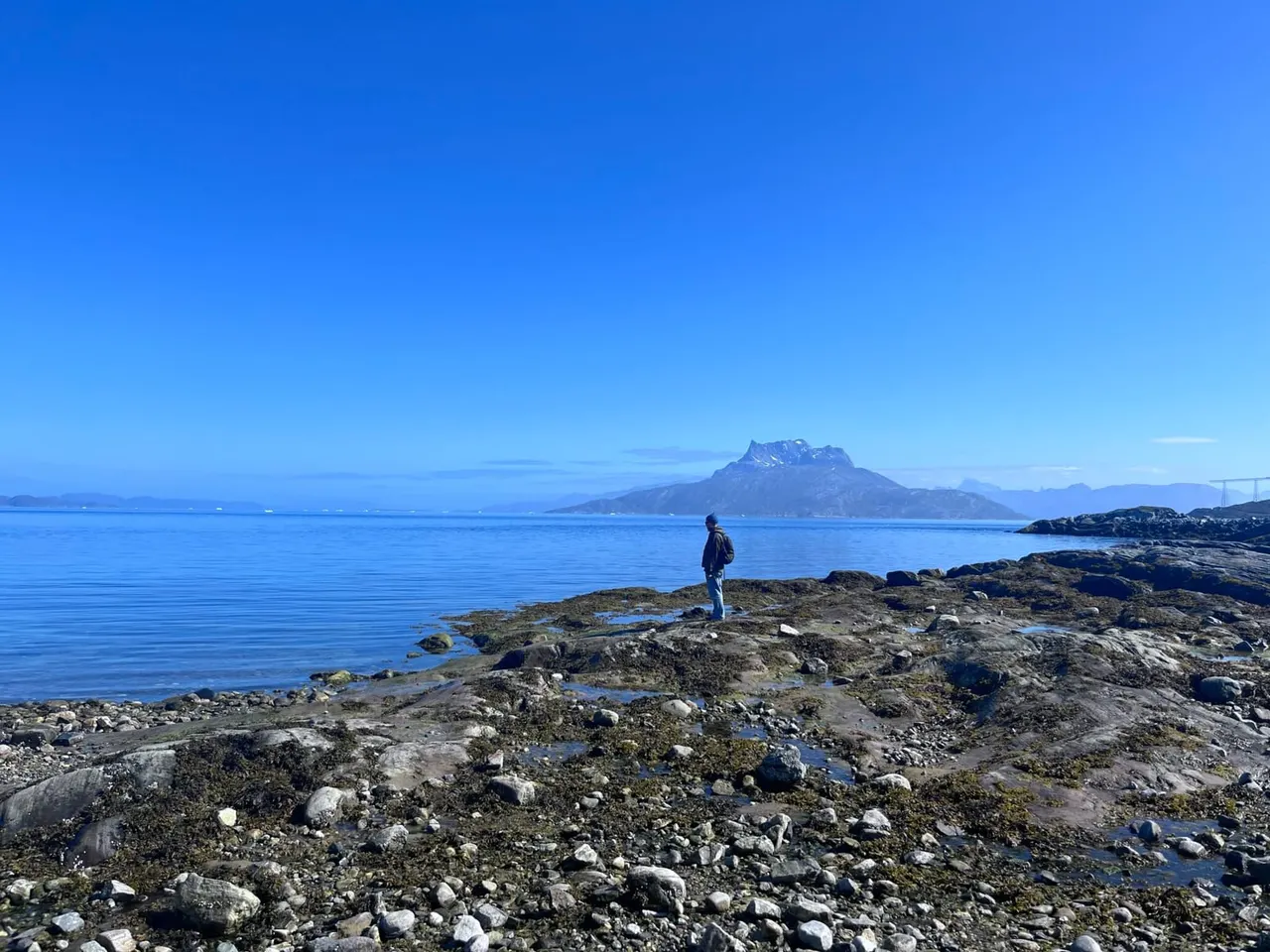 Person standing on rocky shore overlooking calm blue sea with snow-capped mountain in distance.