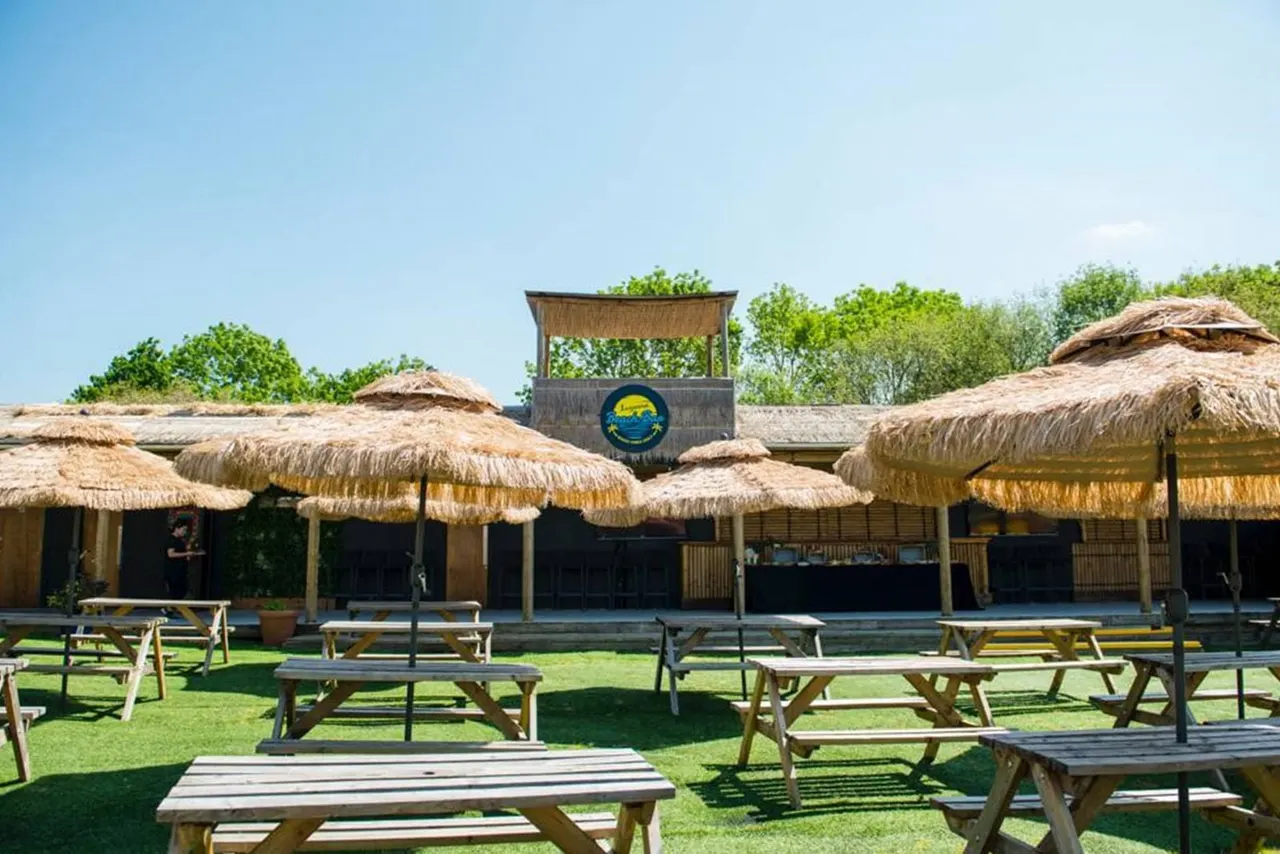Outdoor leisure venue with picnic tables on a grass area, wooden buildings with thatched roofs and parasols, beneath clear blue sky.
