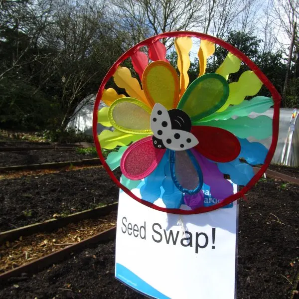 Colourful flower-shaped spinning wheel with "Seed Swap!" sign in a garden setting with bare trees.