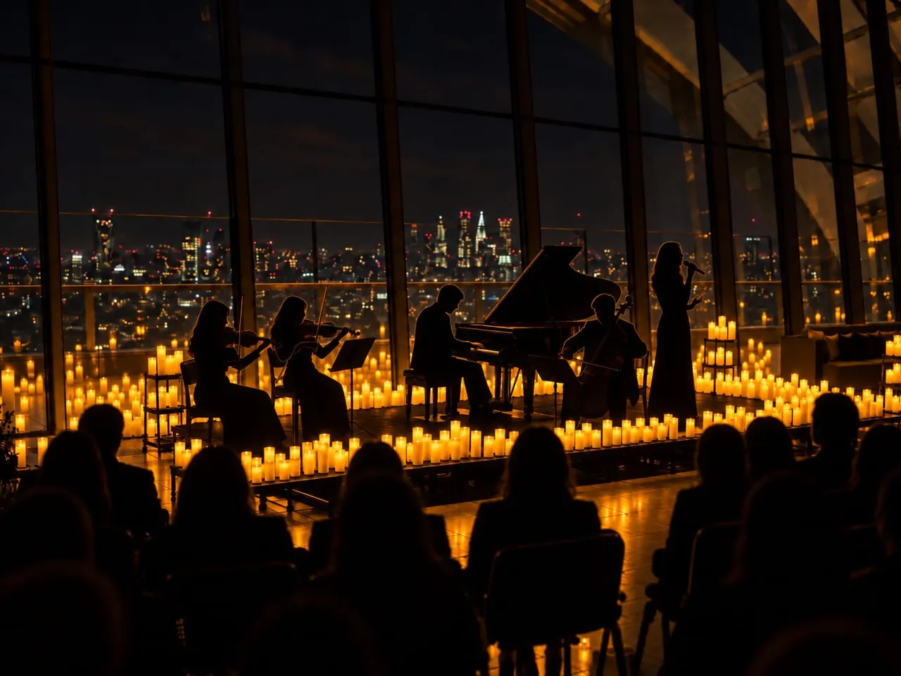 Classical musicians perform by candlelight on a high-rise venue with a glowing city skyline visible through floor-to-ceiling windows behind them.