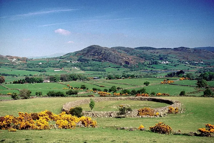 Rolling green countryside with stone ruins, gorse bushes, and a distinctive hill in the distance under clear blue sky.