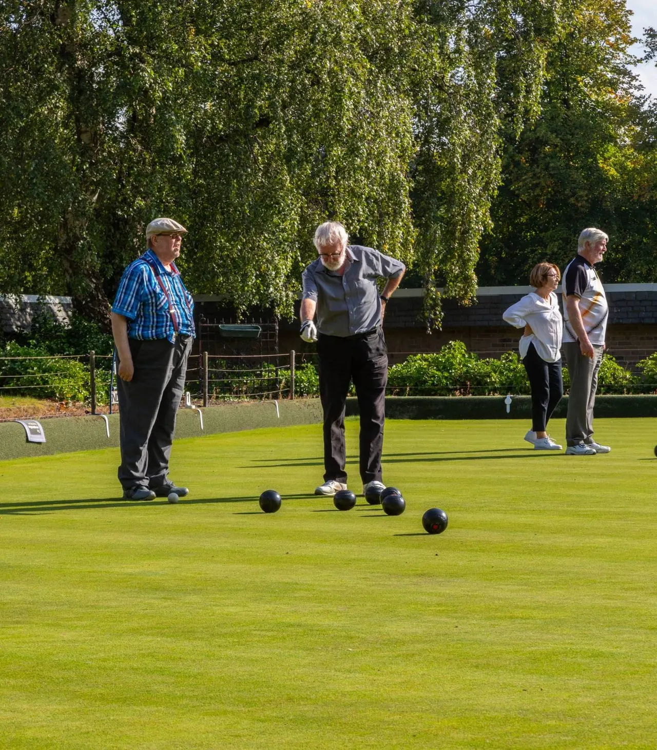 Five players enjoying a game of bowls on a well-maintained green, with weeping willows in the background.