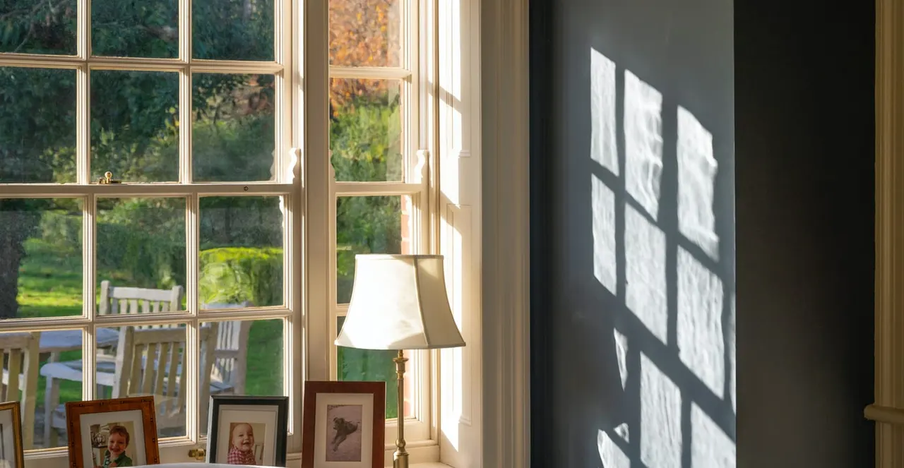 Sunlit interior room with tall sash windows overlooking gardens, table lamp, framed photographs, and window light casting shadows on grey wall.