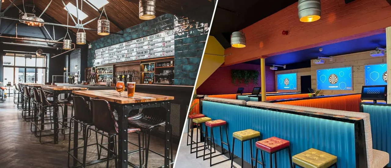 Two bar areas in a leisure venue: left shows wooden counter with beer taps and menu board; right displays colourful bar seating with dartboards and screens on walls.