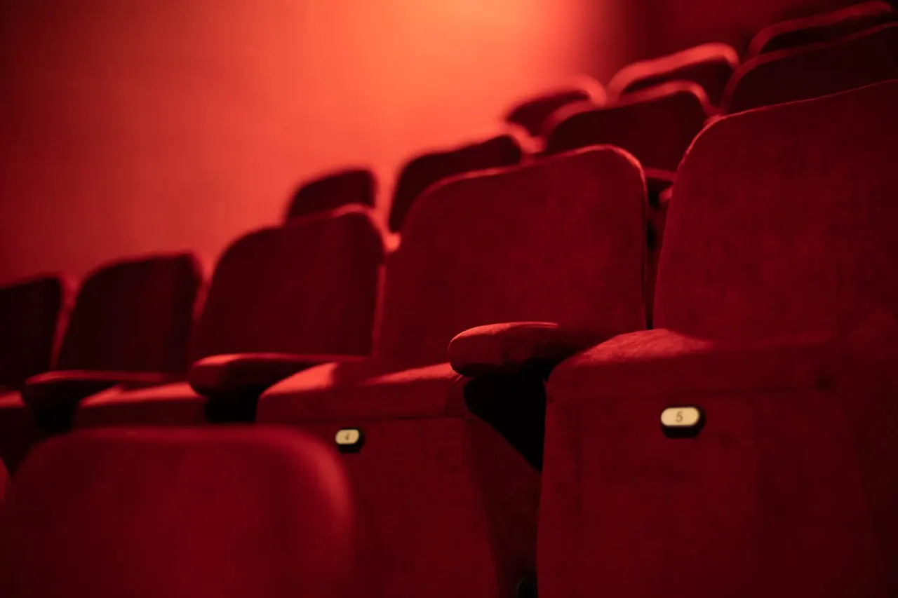 Rows of empty red velvet cinema seats with numbered markers in a theatre auditorium.