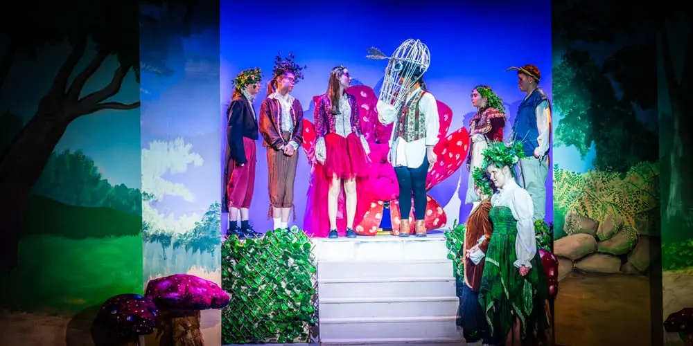 Actors in colourful costumes perform on stage in a theatrical production with woodland scenery backdrop.