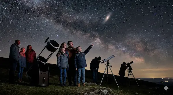 A group of visitors gathered outdoors at night gazing upwards at the starry sky with telescopes and binoculars pointed skyward.