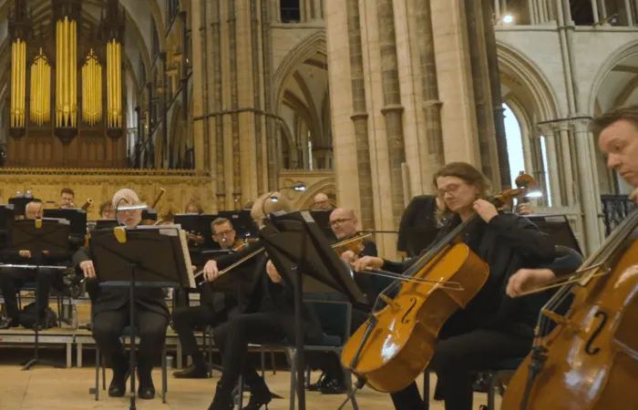 Orchestra musicians perform in a cathedral with stone arches, ornate organ pipes and Gothic architecture visible behind them.