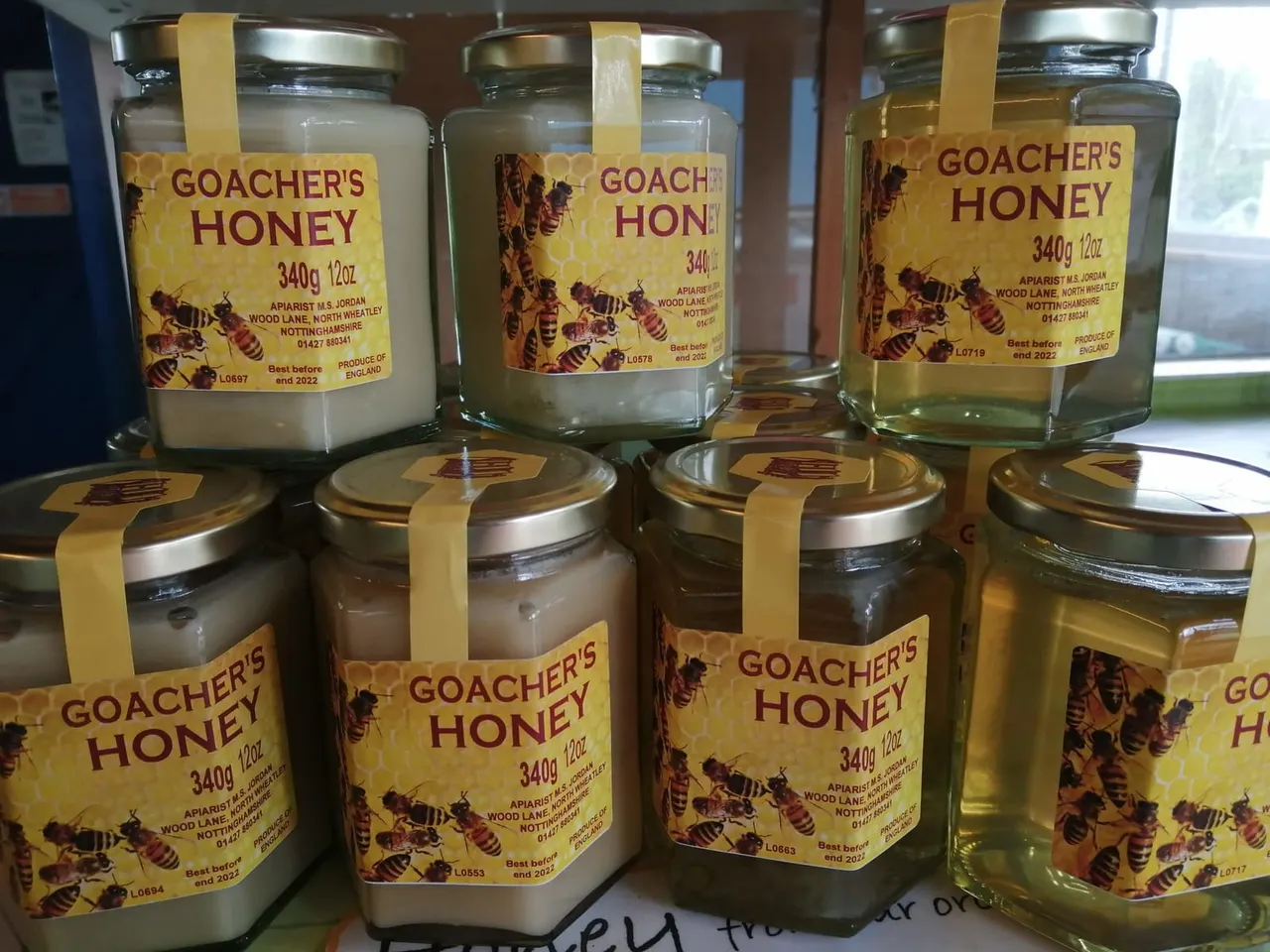 Goacher's Honey jars with Wood Lane North Wheatley labels